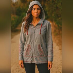 Athleta French Terry Lined Hooded Jacket #879968 Gray  Coral Pink Sz MEDIUM